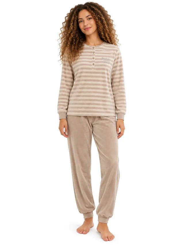 Cocodream Quality Cocodream - Dames Pyjama Velours - Winter - Beige Gestreept