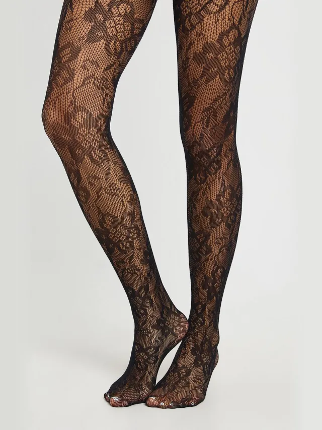 boohoo Dames Statement Bloemen Kant Visnet Panty Zwart