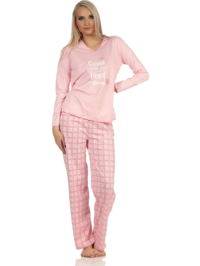 Normann Damespyjama met geruite jersey broek - ook verkrijgbaar in overmaten rosa