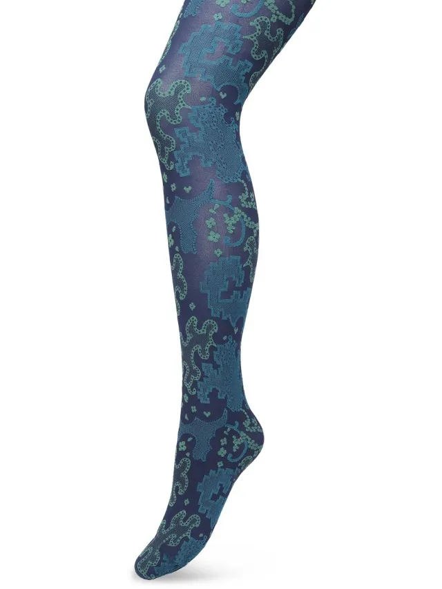 Bonnie Doon Grafische Panty 60 Denier Donker Blauw Dames - Grafische Print - Gladde Naden - Maximaal Draagcomfort - Ornament Tights - Chique Panty - Feestelijk - Donkerblauw - Navy - BP221909.102