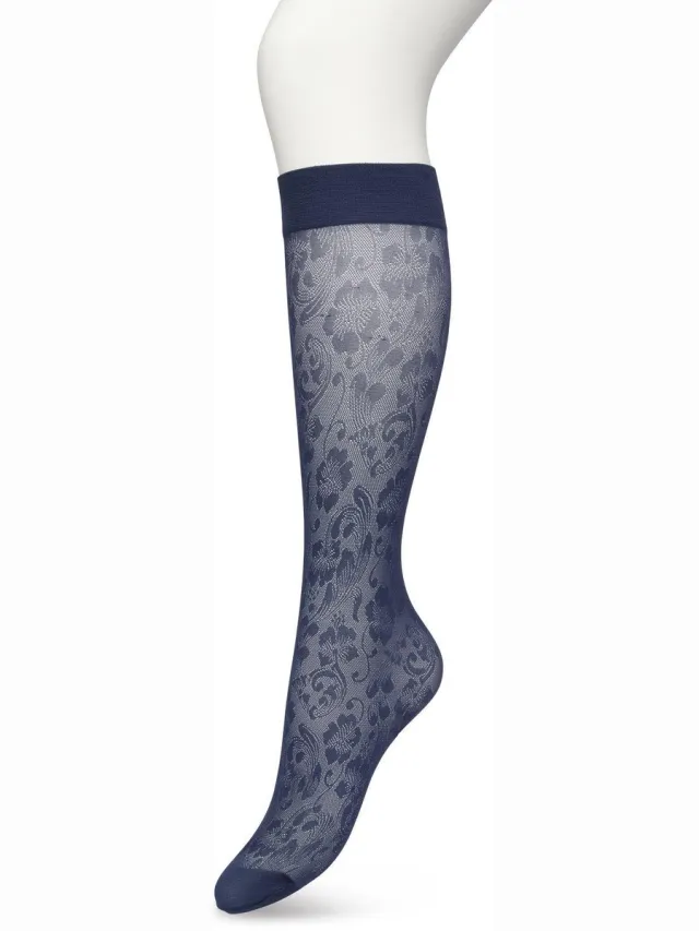 Bonnie Doon Dames Bloemen Panty Kniekousen Donker Blauw - Knie Kousen 20 denier - Gebloemd - Bloemen Print - Uitstekend draagcomfort - Fancy Flower Knee High - Kniesokken - Zakt niet af - OEKO-TEX - Donkerblauw - Navy - BP221803.102