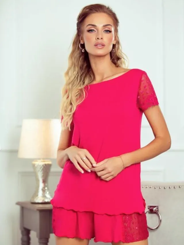 Eldar Nicola shortama met kant- roze/framboos- viscose