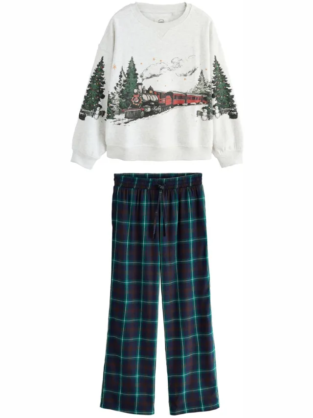 Next Dames - Flanellen kerstpyjamasets met sweatshirt voor het hele gezin - Rood Grey Santa Express