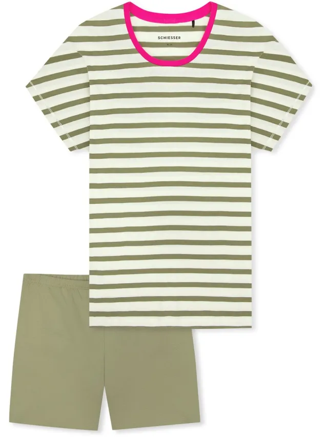 Schiesser dames shortama 100% katoen - Casual Essentials - Zomer pyjama korte broek en korte mouwen - 48 - Creme
