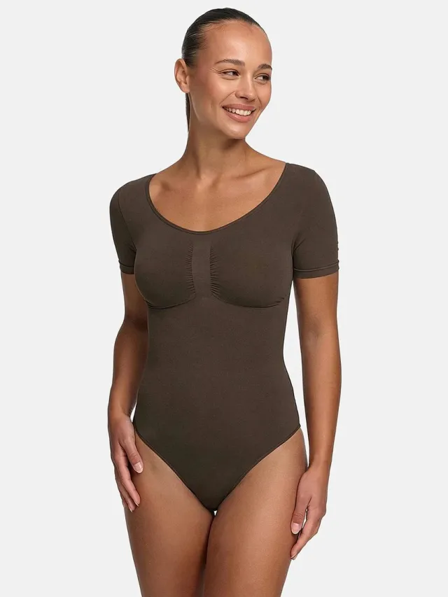 cfab T-shirt bodysuit corrigerende shapewear met koord - Bruin - L - Corrigerende Body - Naadlos - corrigerend ondergoed dames