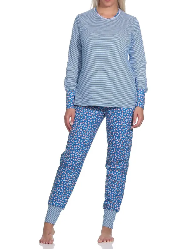 Normann Dames Pyjama Lange Mouwen met Manchet, Top Gestreept, Broek Bloemenbedrukt marine