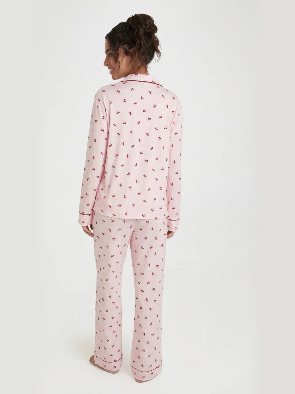 boohoo Dames Pyjamaset Met Kersenprint, Paspeldetail, Lange Mouwen En Broek baby roze, foto 2