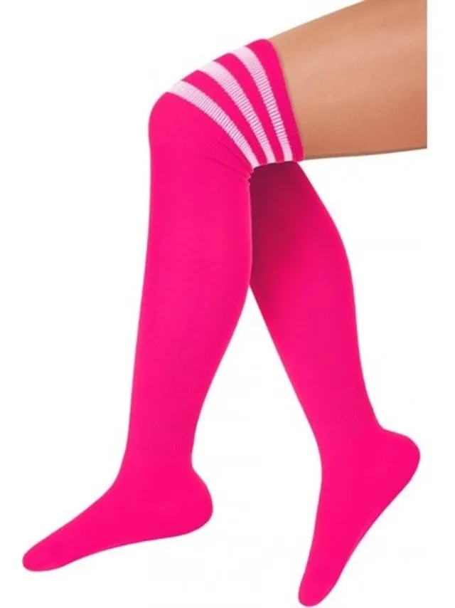 BOA-B Knee-over Socks Fluor Roze met Witte Strepen One Size