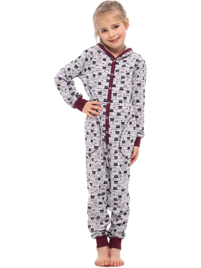 Merry Style Kinder Pyjama - ronde hals - lange mouwen - lange broek met zakken - Katoen - MS-MS10-223-PJ - Melange Katzen Wein - 122-128