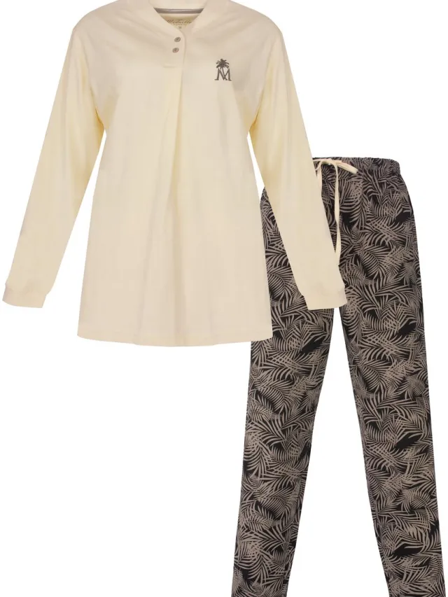 Medaillon Dames Pyjama - Lange Mouwen - Knoopsluiting - Lichtgeel