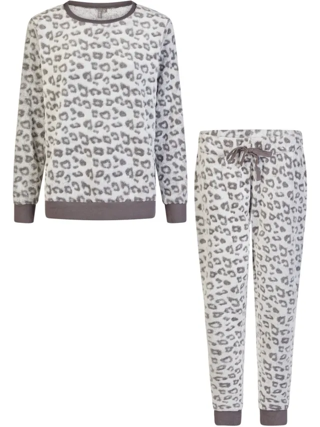By Louise Dames Huispak Fleece Broek + Sweater Grijs Panterprint