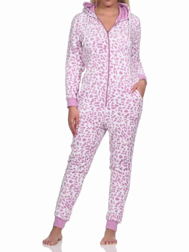 Normann Dames pyjama overall jumpsuit in koraal fleece in dierenlook pink