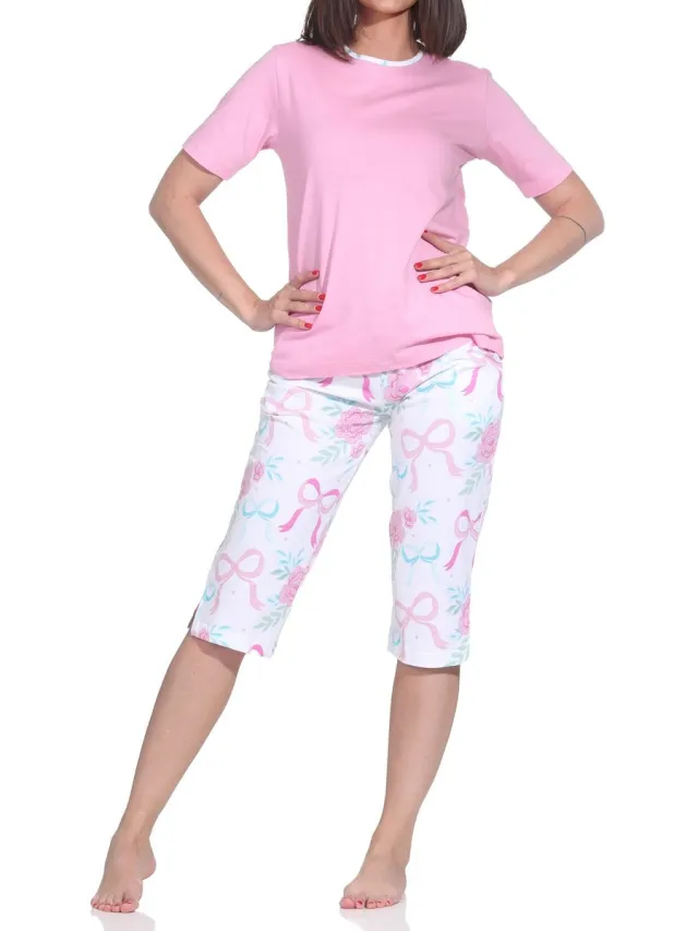 Normann dames capri shortama met korte mouwen – romantisch strik- & rozen-design