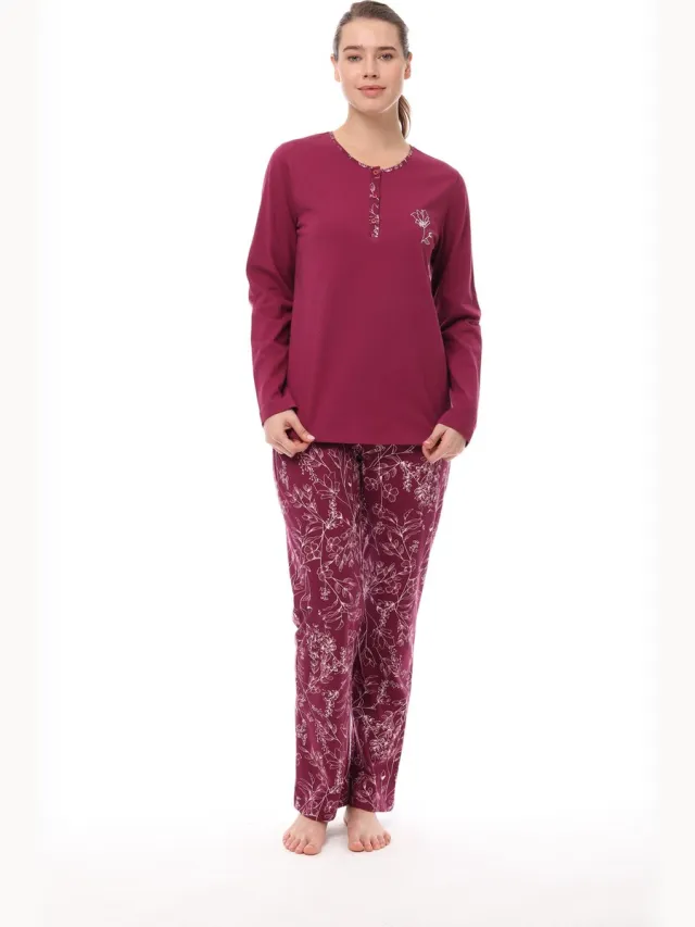 Pijadore Dames Pyjama Set, Lange Mouwen, Kastanjebruin