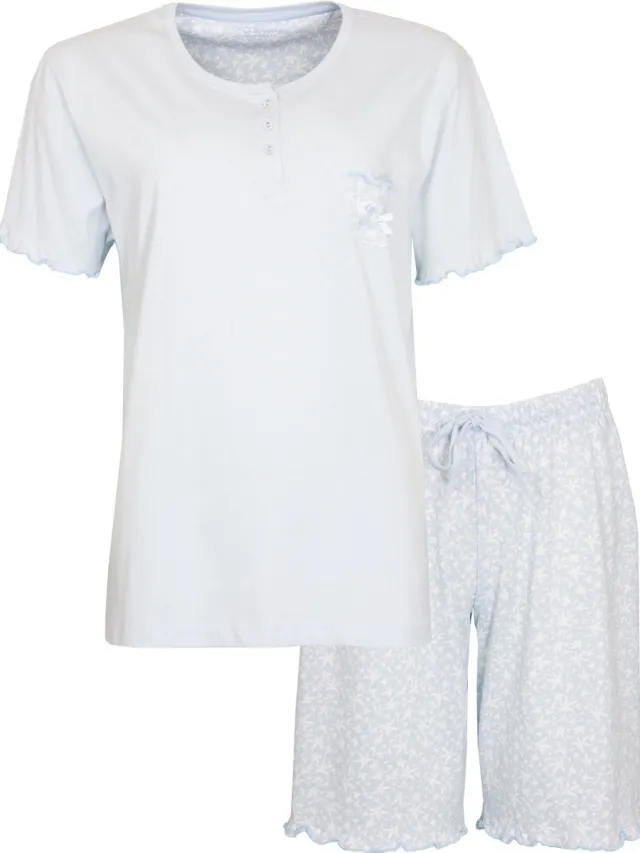 Tenderness Dames Shortama - Blad Patroon - Licht Blauw