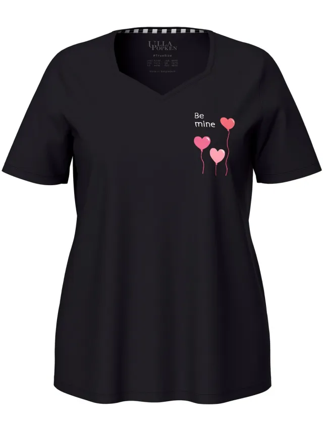 Ulla Popken Dames - Pyjamashirt harten korte mouwen - Zwart - Maat 50+