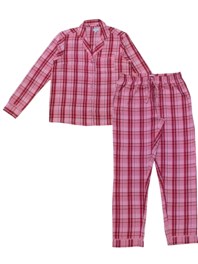 Linea Lange pyjamaset voor dames van katoen met ruitjesmotief en knoopsluiting aan de voorkant (1 stuk) (Roze)