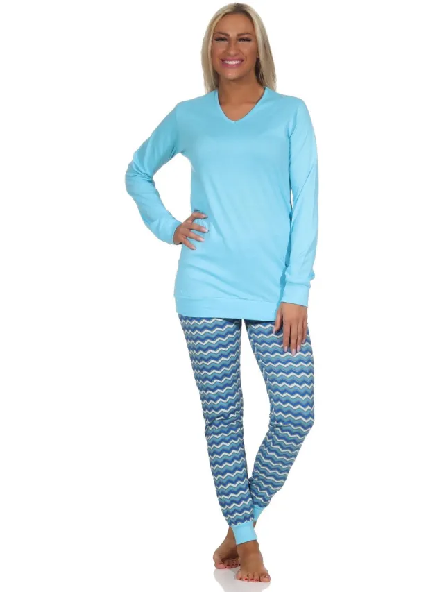 Normann Damespyjama's, lange pyjama's met V-hals & manchetten in etnische look blau
