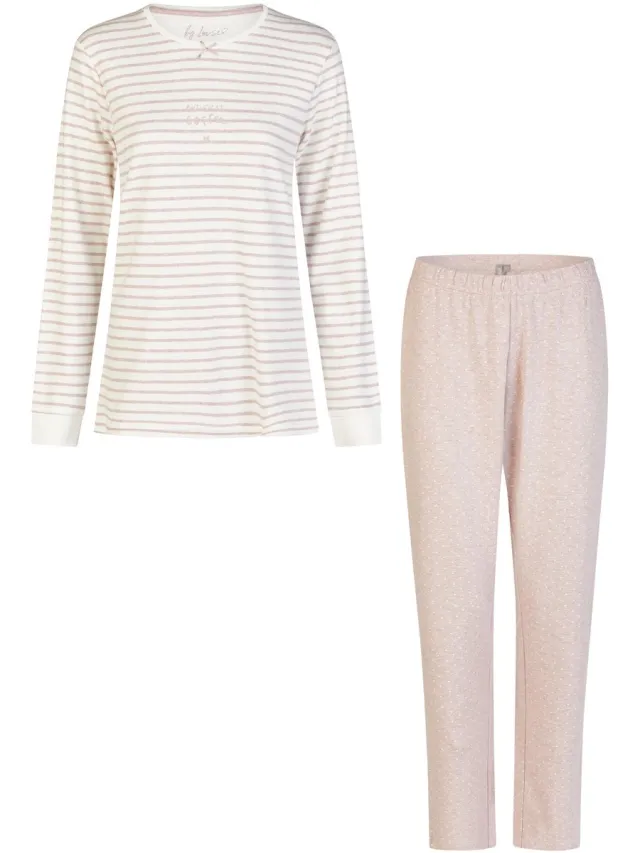 By Louise Dames Pyjama Set Lang Interlock Wit/Roze Gestreept