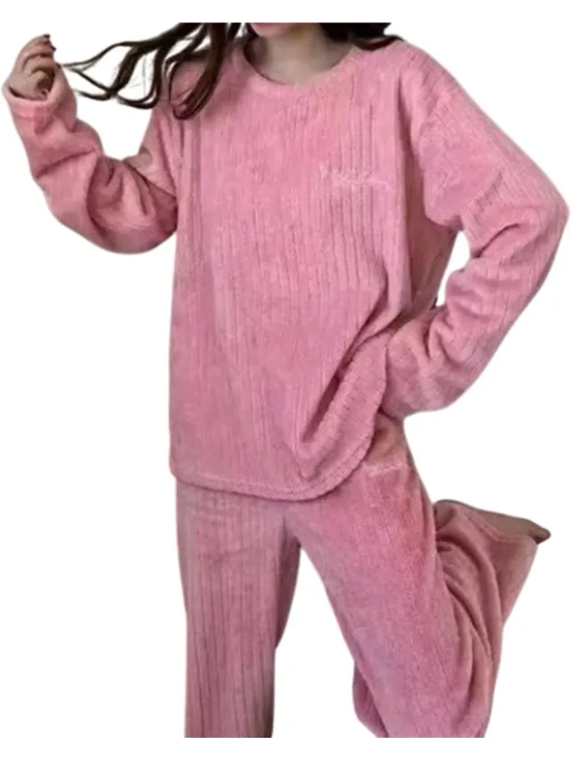 rimmo Winter Pyjama Set Dames - Flanellen O-hals Gestreepte Top & Broek met Elastische Taille - Zachte Warme Stof - Casual & Comfortabel - Dames Pyjama Set - Winter Pyjama - Loungewear - Nachtkleding Dames - Warme Pyjama roze