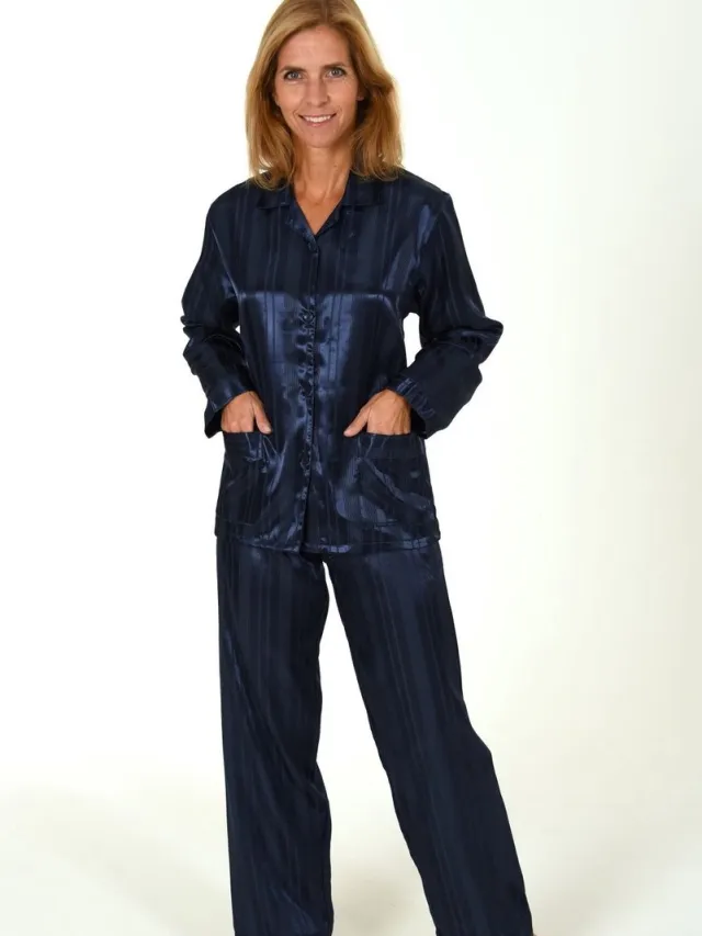 Normann Dames Pyjama Satijn - Sophie - Lange mouwen - Knoopsluiting - satijnen pyjama - 38 - Blauw