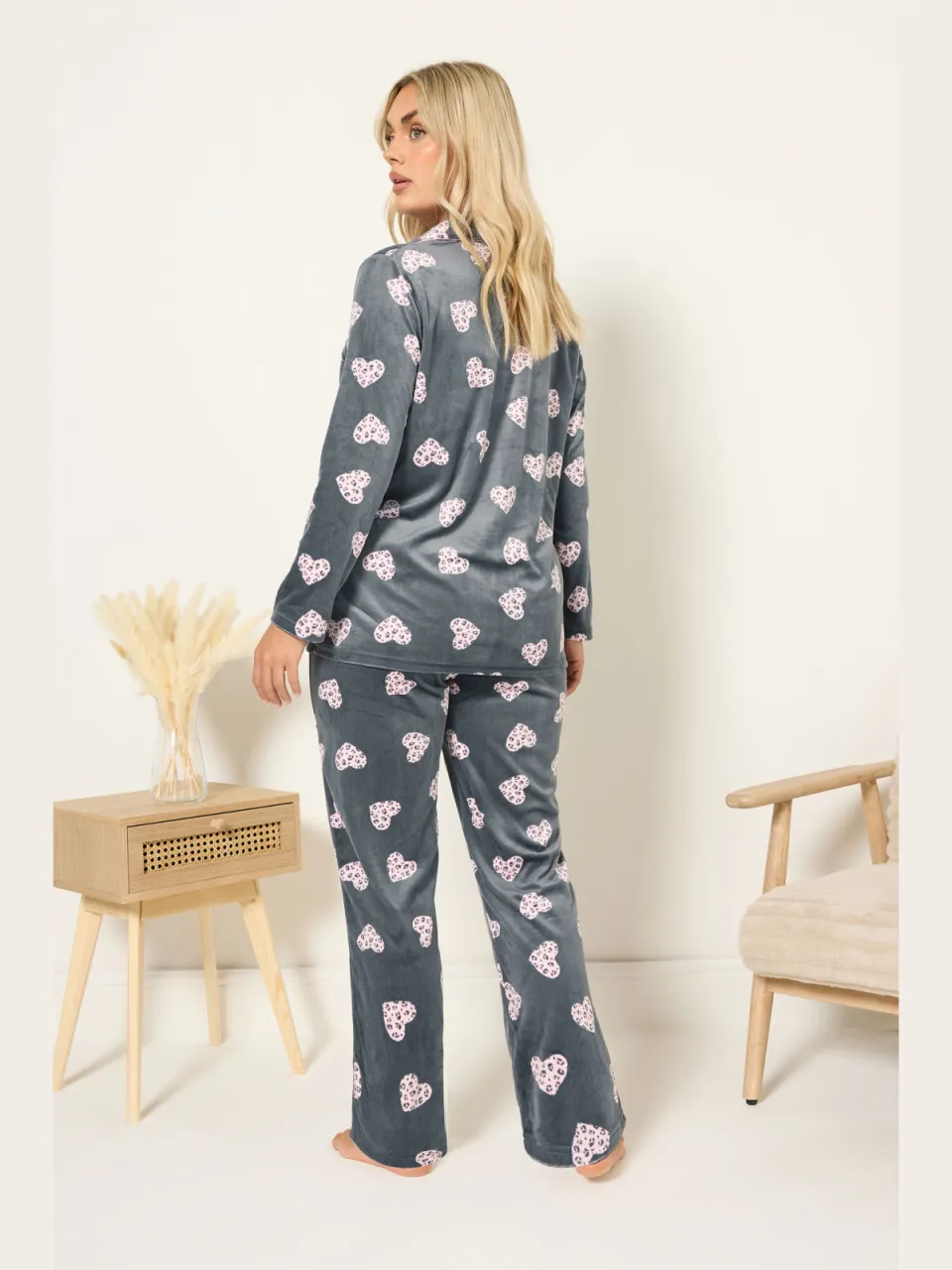 Yours Grijs Fleece Pyjamaset Met Dierenhartprint-56, foto 3