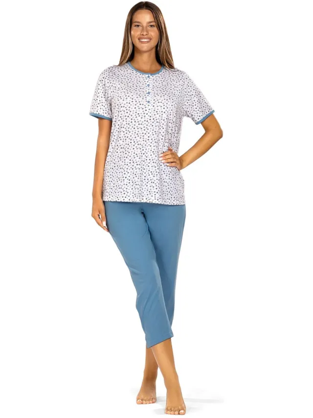 Comtessa Dames Pyjama - Katoen - Zomer - 7/8 broek - Wit Blauw Wit, Blauw