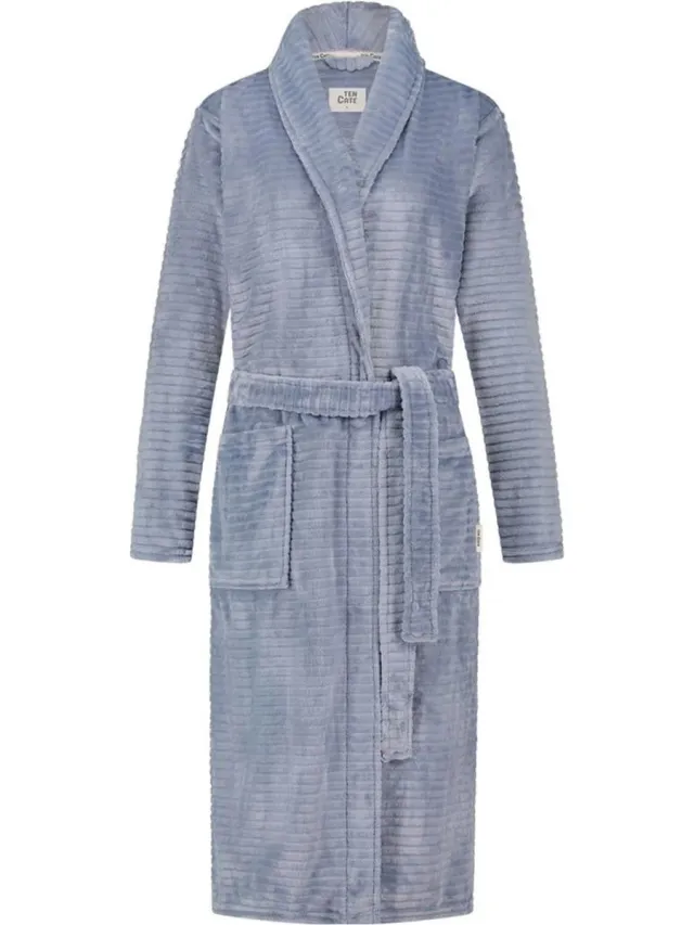 Ten Cate Dames Badjas Fleece - blauw streepreliëf PrintBlauw