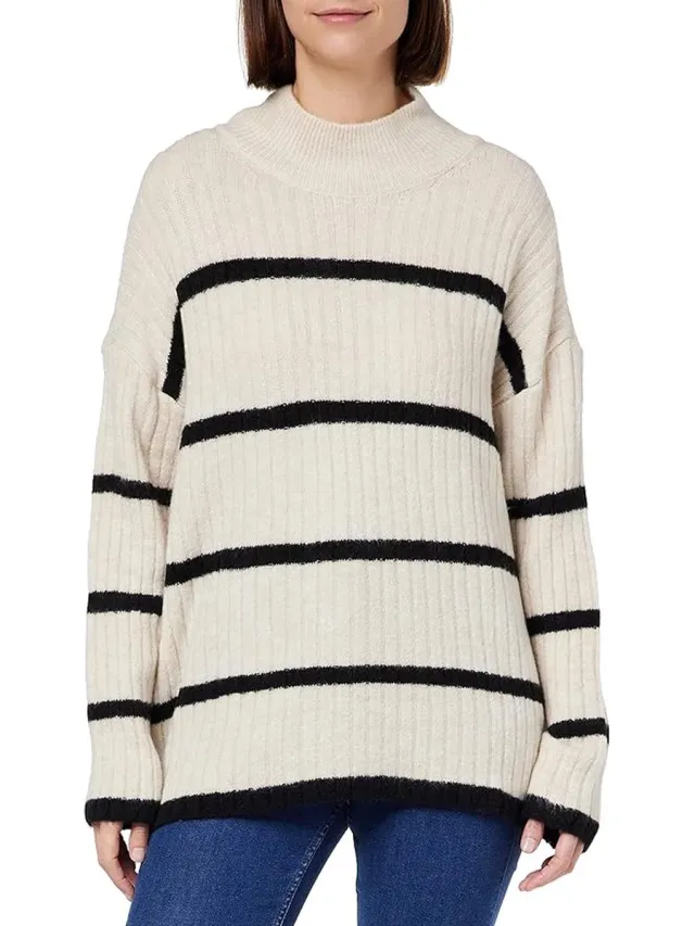 Only Trui voor dames - Hoge kraag - Gestreept - Beige/zwart