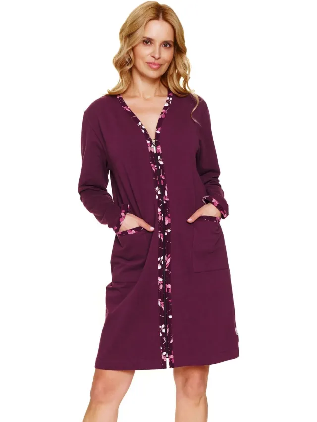 Doctor Nap Katoenen Badjas Dames Rits Plus Size Burgundy SMZ.7319 44 / Rood