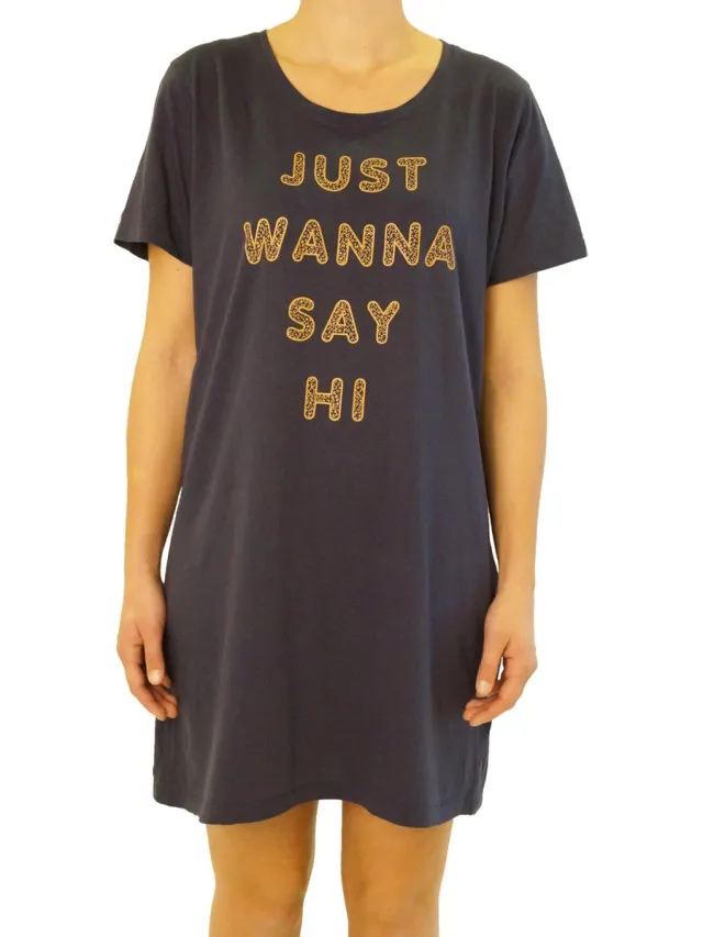 Gino Santi Bigshirt, Slaap T-shirt print Just wanna say HI. Donker Blauw