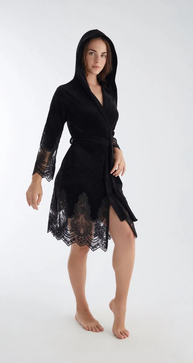 A Sense of Love Dames Velour Katoen Badjas / Ochtendjas Kamilla / Zwart kleur/