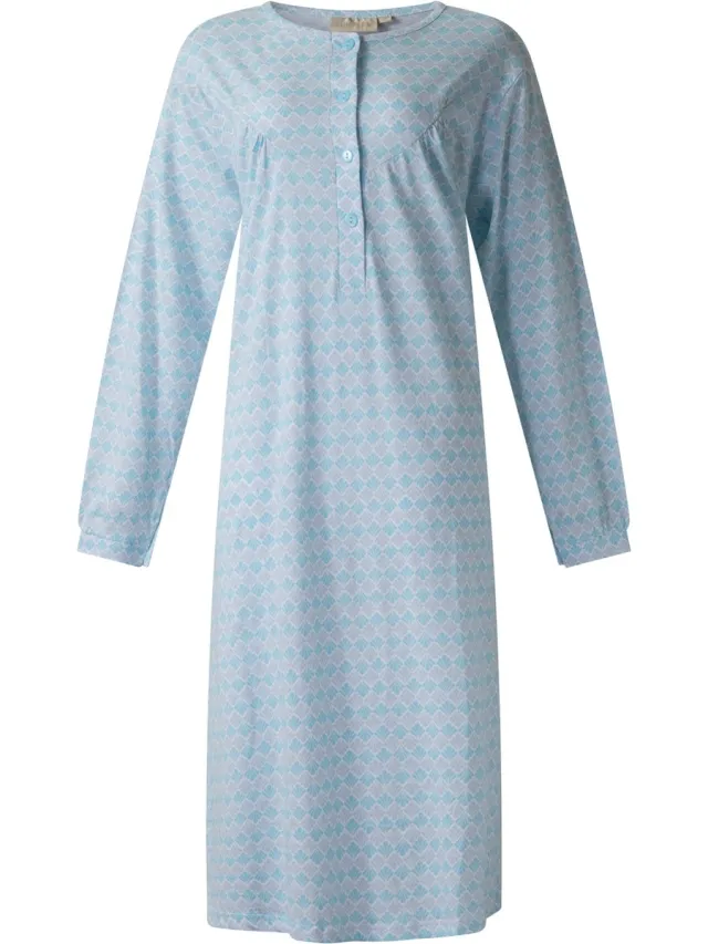 Lunatex dames nachthemd 5027 lange mouw - nachtjapon van 100% katoen - blauw met print