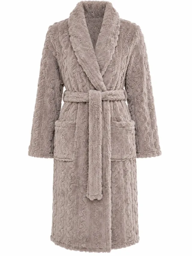 Cocodream Collections Badjas dames fleece met kabelpatroon - ochtendjas dames - taupe