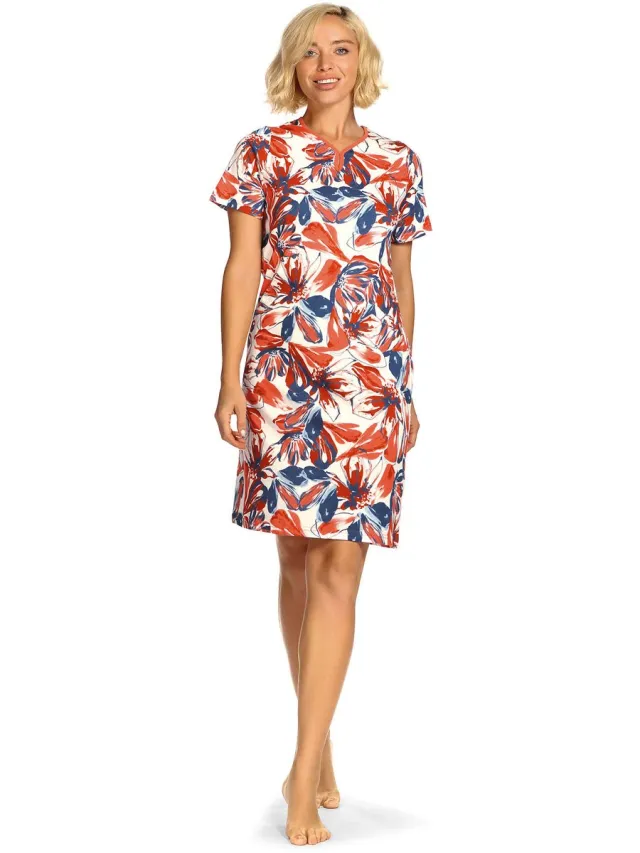 Comtessa Ascafa Nachthemd 'Graphical Blossom' - Dames Nachtmode - Korte Mouw - Oranje Rood
