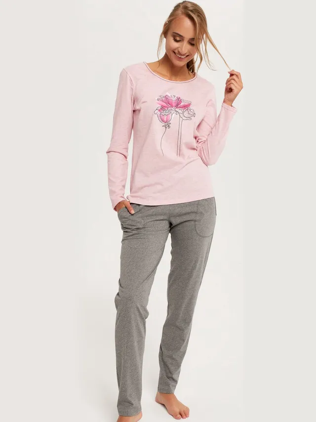 Italian Fashion Hoja dames pyjama- lange mouwen- roze/grijs
