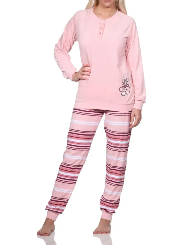 Normann Dames badstof pyjama lange mouw met manchetten - broek gestreept - ook in overmaten rosa