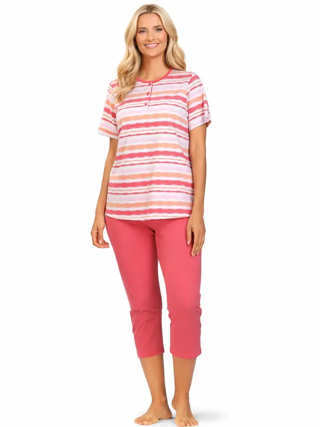 Comtessa Dames Pyjama – 7/8 Broek – Korte Mouw – Roze Gestreept – 100% Katoen Roze, gestreept