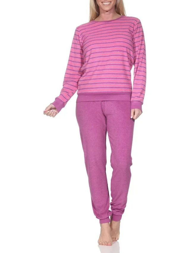 Normann Damespyjama in badstof met manchetten in een prachtig streepdesign - ook in overmaten pink