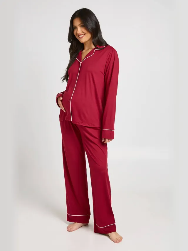 boohoo Dames Zwangerschaps Pyjama Set Met Paspeldetail, Shirt Met Lange Mouwen En Broek Bordeaux Rood