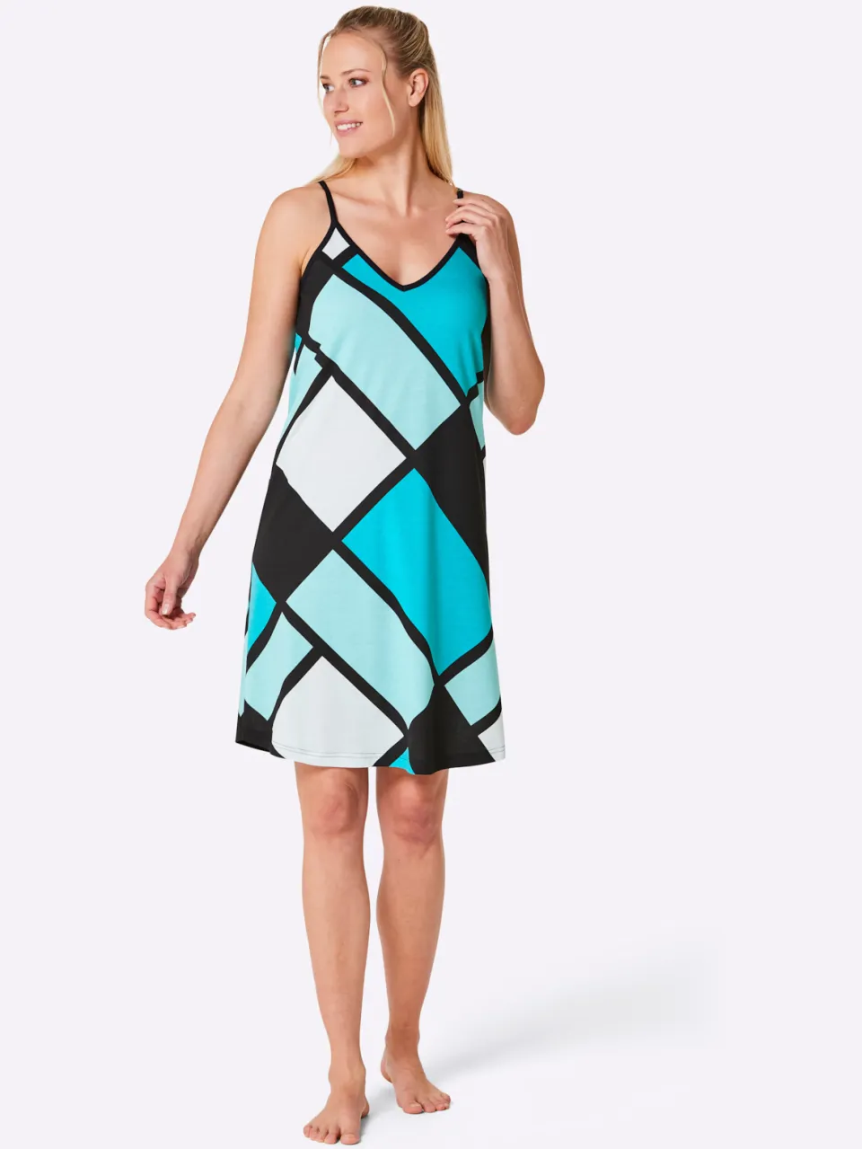 nachthemd zwart grijs geruit zwart/turquoise bedrukt + zwart/antraciet bedrukt