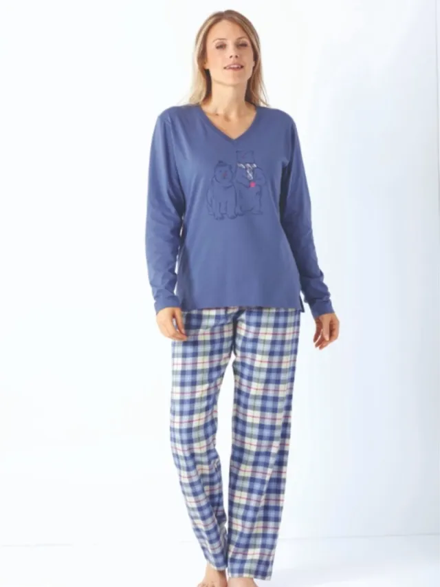 Hajo Flanellen dames pyjama middenblauw Hajo - Blauw - Maat - 44/46