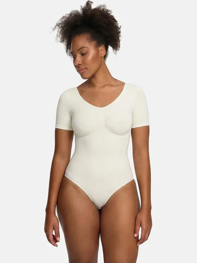 cfab T-shirt bodysuit met corrigerende werking en slipje - Wit - 2XL - Corrigerende Body - Naadlos - corrigerend ondergoed dames