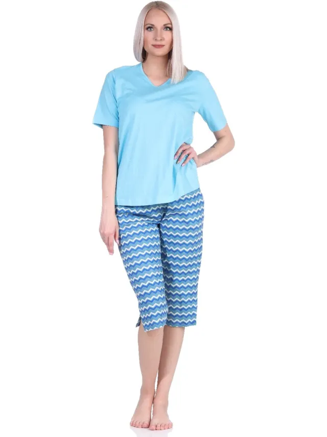 Normann Coole capri-pyjama voor dames met 3/4-caprishort, pyjama in etnische stijl blau