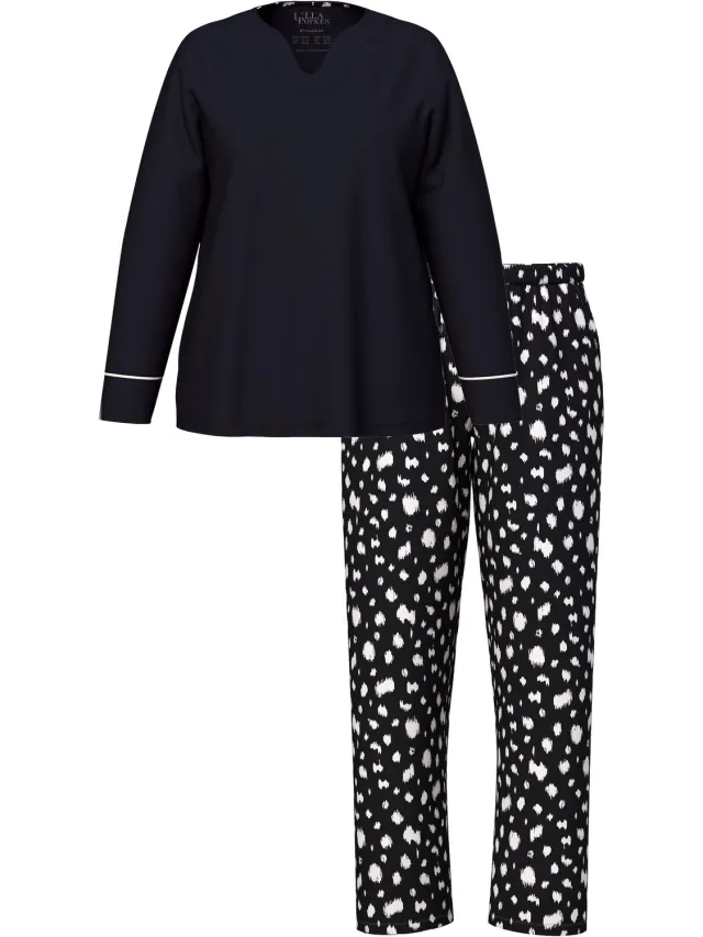 Ulla Popken Dames - Pyjama slaapmasker dalmatiër hartvormige hals lange mouwen - Zwart - Maat 58+