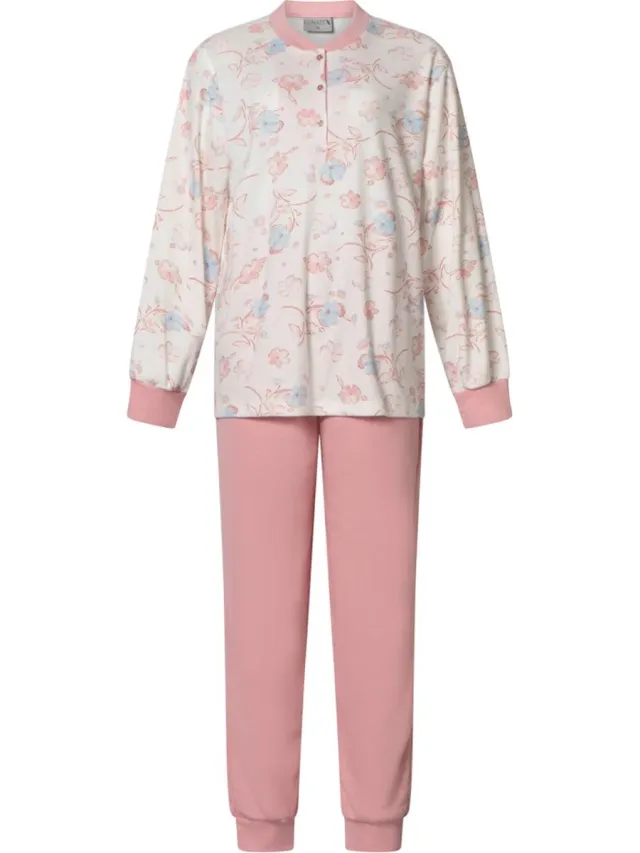 Lunatex dames pyjama interlock licht geruwd - Flower - roze Roze, ivoor