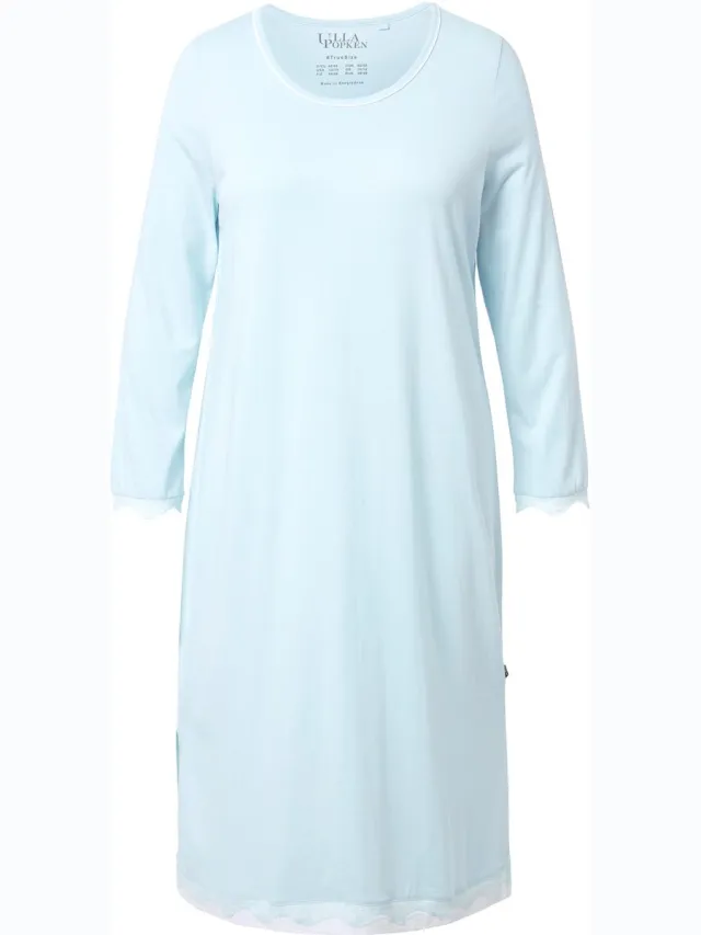 Ulla Popken Dames - Nachthemd kant oversized ronde hals lange mouwen - Ijszeeblauw - Maat 54+