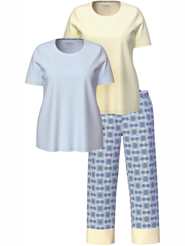 Ulla Popken Dames - Pyjama set van 3 grafisch patroon ronde hals korte mouwen - Bleekgeel - Maat 54+