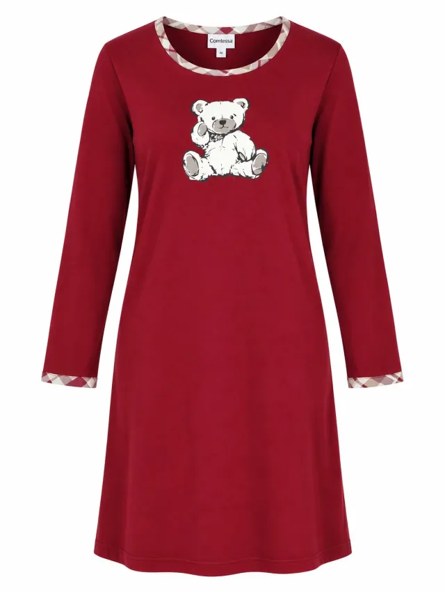 Comtessa Dames - Nachthemd – 100% Katoen – Lange Mouwen – Berenprint – Donkerrood – 95 cm Donkerrood, berenprint