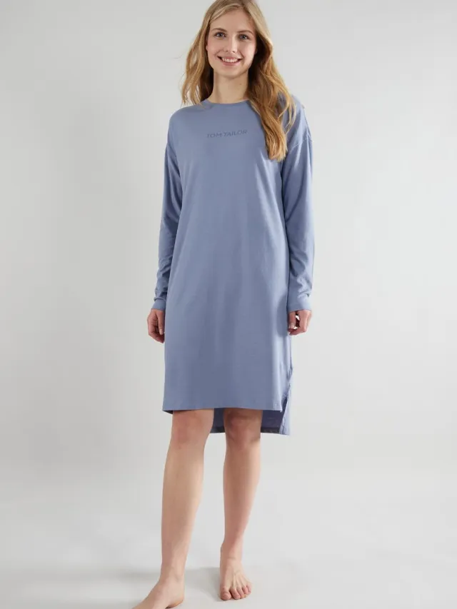 Tom Tailor Charlotte Dames Nachthemd - lange mouwen - 100% katoen - Blauw